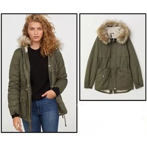 Y2K Parka Divided H&M Khaki Faux Shearling NEW